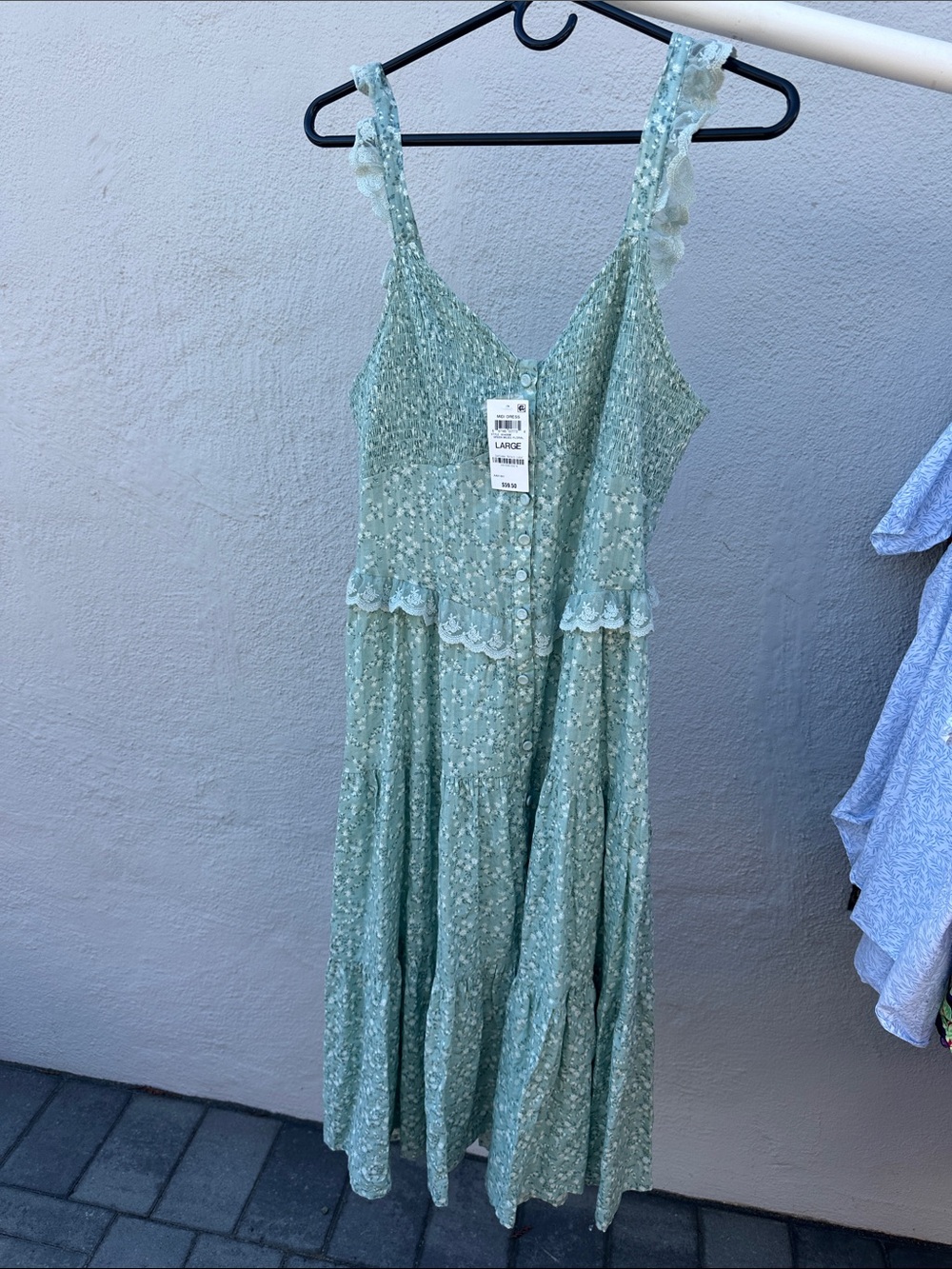 Sleeveless sage Floral Tiered Maxi Dress with Lace Trim